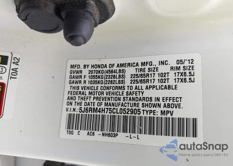 2012 Honda Cr-V Ex-L из США, поврежденный, VIN 5J6RM4H75CL052905